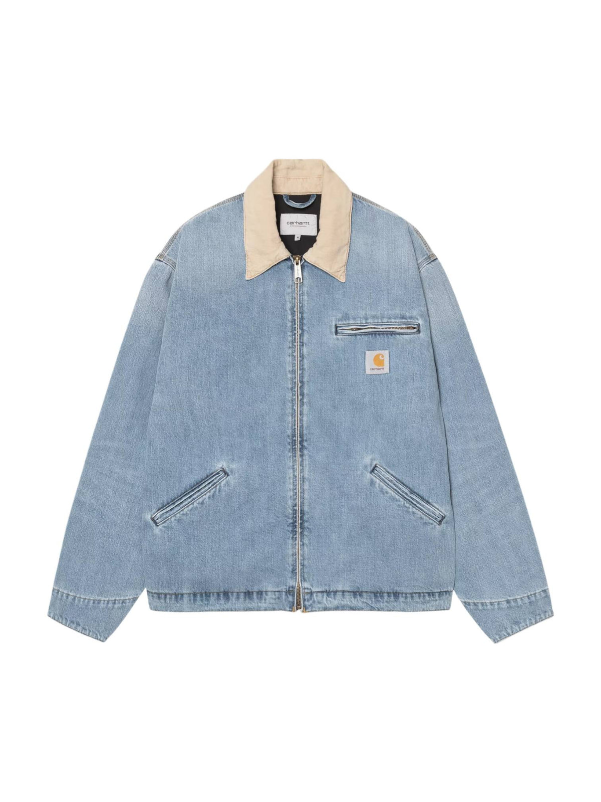 Carhartt Wip Og Detroit jacket giacca in denim leggera con colletto - Blue / Dusty H Brown burst washed