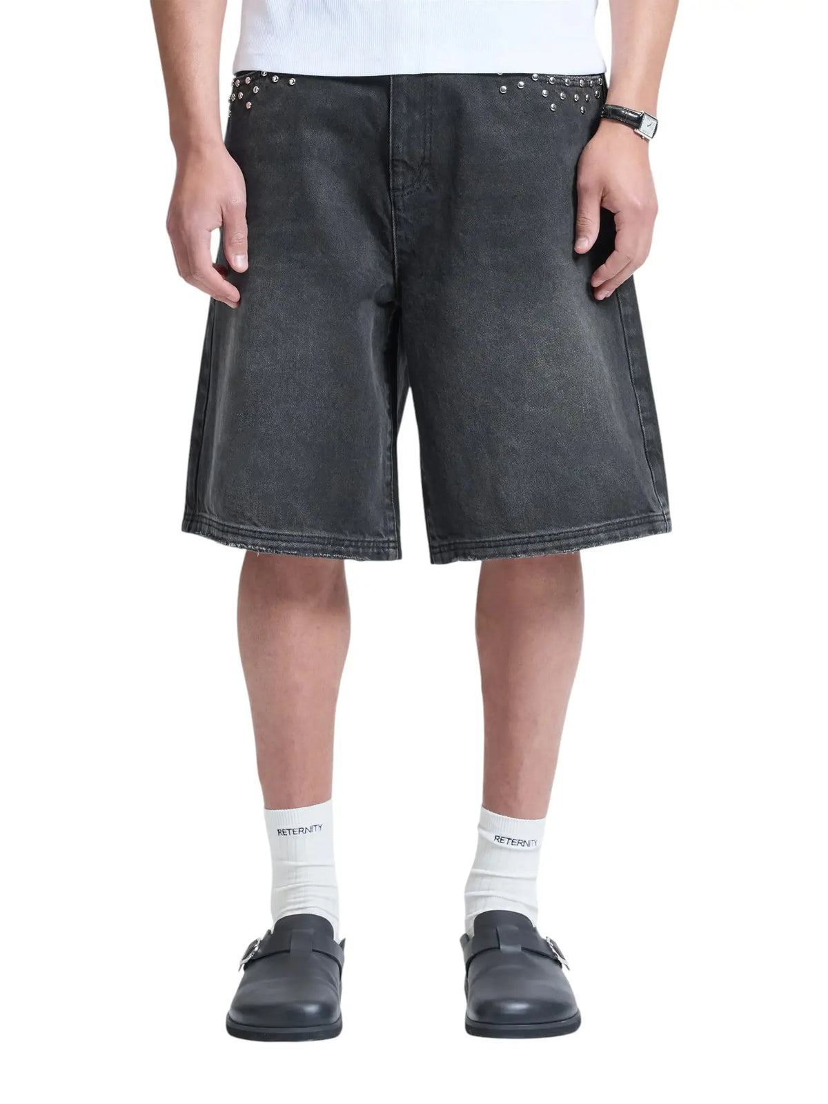 Reternity Studded jorts pantaloni corti di jeans con vestibilità ampia e applicazioni - Black