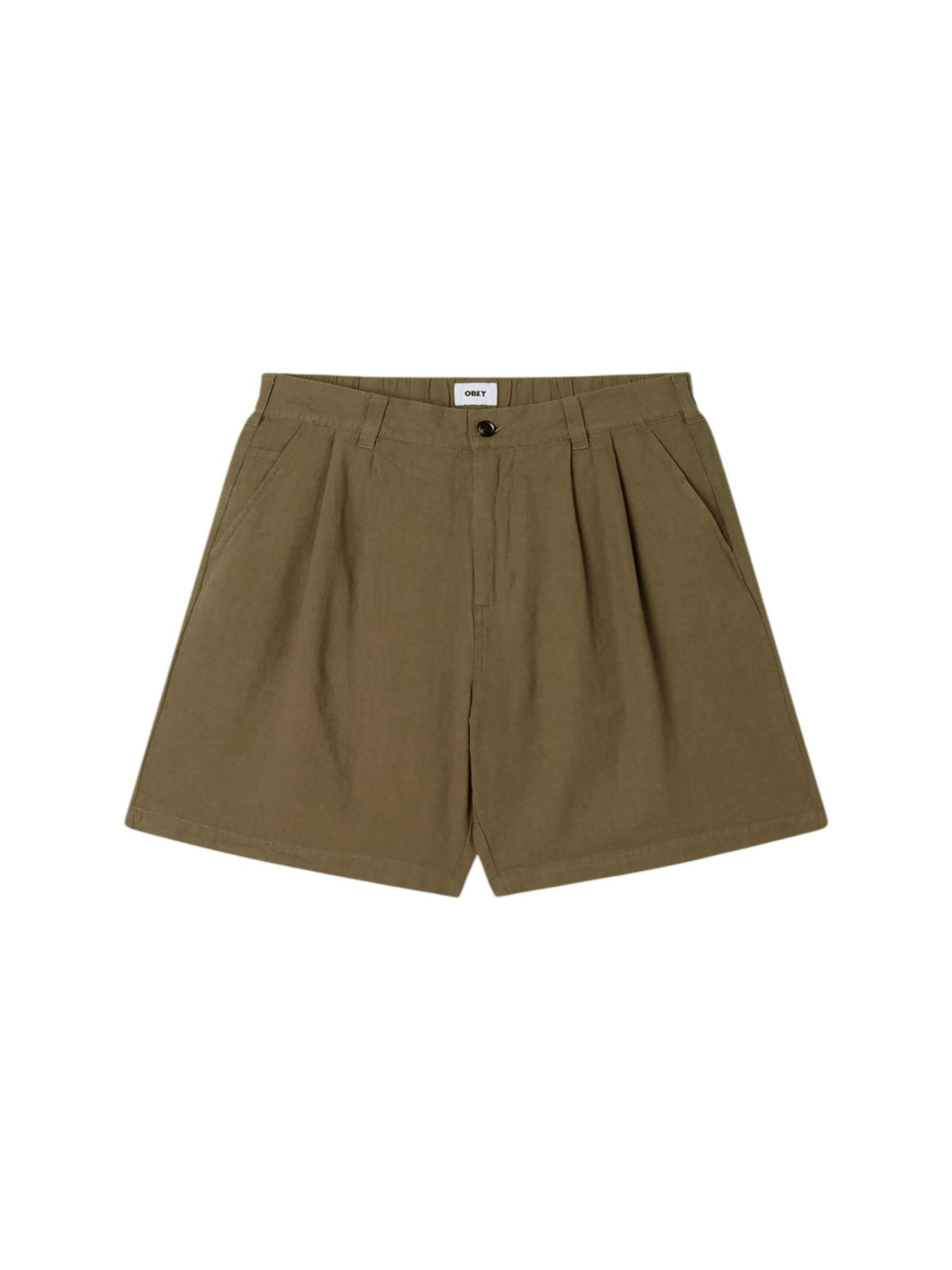 Obey Foster pleated linen shorts pantaloncini corti sartoriali in lino gamba larga - smokey olive