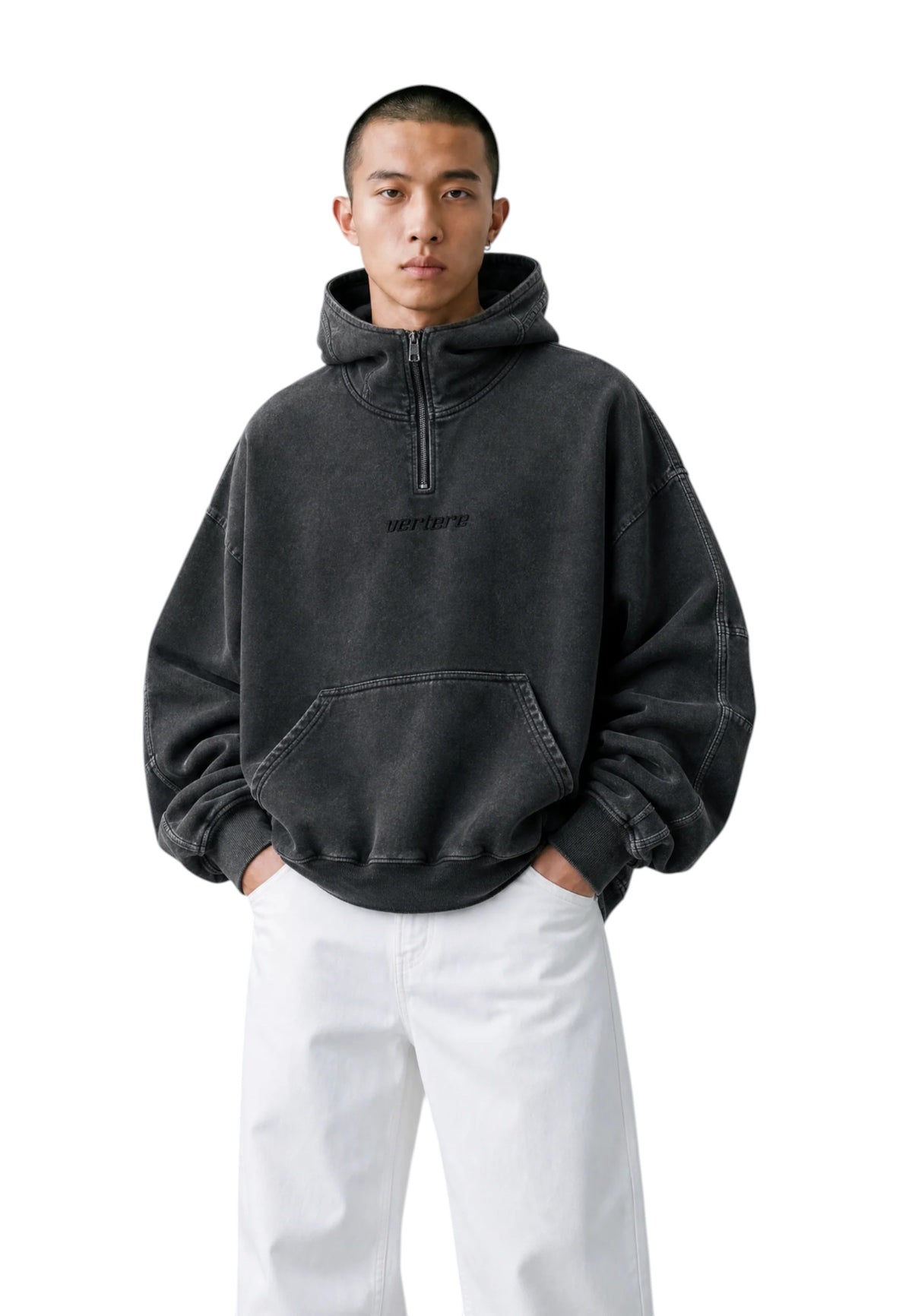 Vertere Cypher quarter zip hoodie felpa con cappuccio passamontagna - Washed black