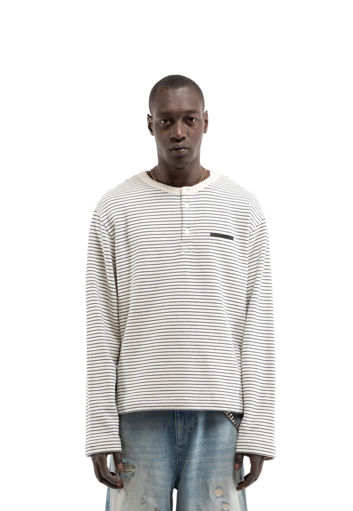 Reternity Henley stripe longsleeve T-shirt maniche lunghe con vestibilità cropped- Off White / Navy