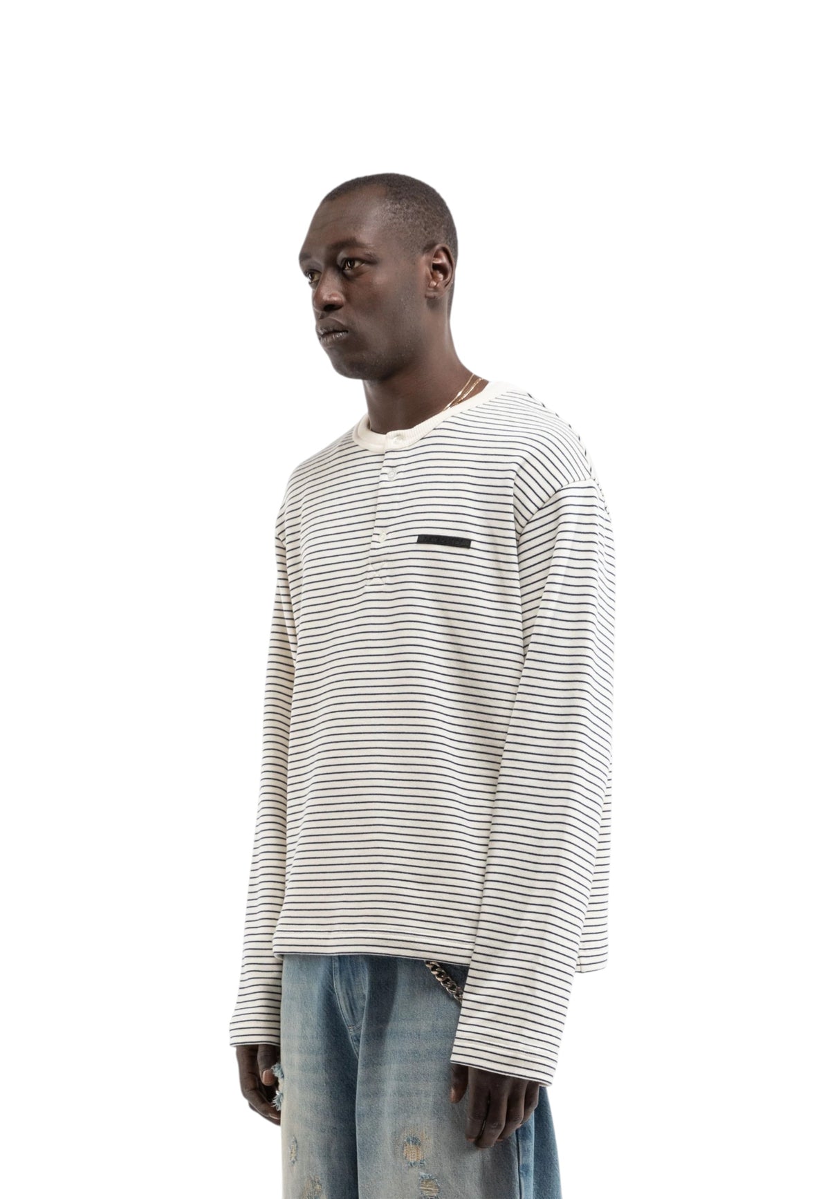 Reternity Henley stripe longsleeve T-shirt maniche lunghe con vestibilità cropped- Off White / Navy