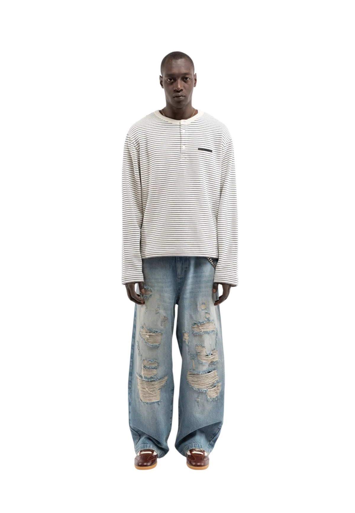 Reternity Henley stripe longsleeve T-shirt maniche lunghe con vestibilità cropped- Off White / Navy